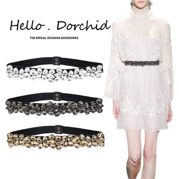 Women Rhinestone Belt Crystal Sparkly Dress Belts Thin Elastic Waist Belts main image 6